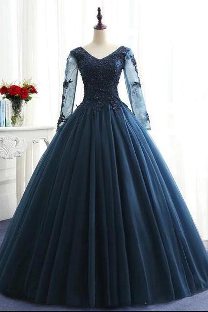 Long Sleeves Navy Blue Tulle Party Gown, Navy Blue Prom Dress Long Custom Made